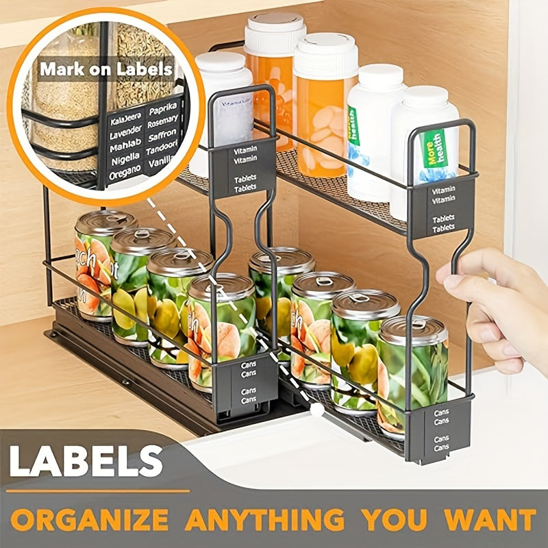 1 pz. Scaffale estraibile doppio nero per condimenti da cucina - Porta spezie salvaspazio con ripiano multiuso per piano di lavoro e mobile - Espande lo spazio con doppi strati ed elegante finitura nera
