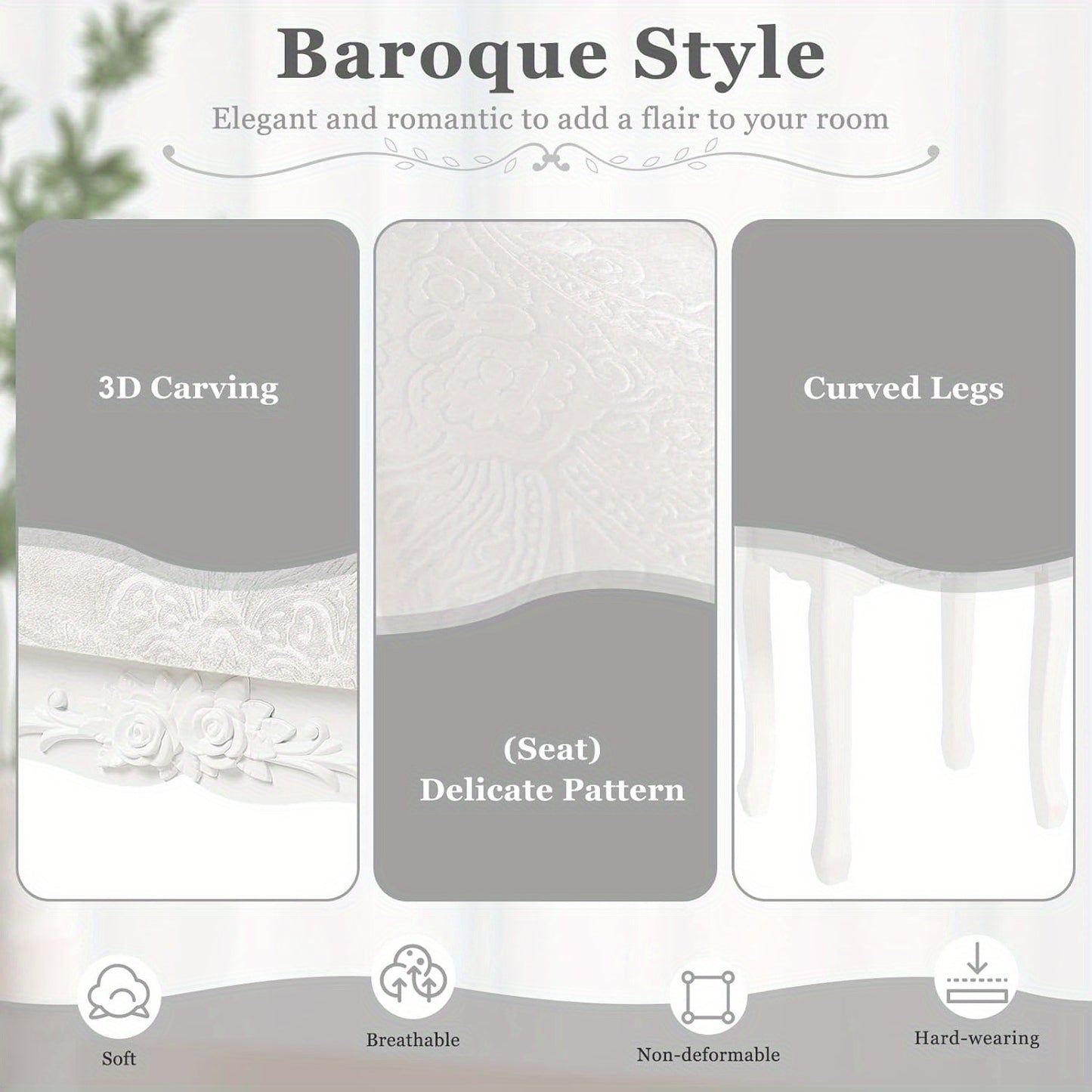 Sgabello da Toeletta, Sgabello da Trucco Imbottito Morbido 37X30X50Cm, Sedia da Trucco per Camera da Letto, Legno MDF, Stile Barocco, Bianco Crema