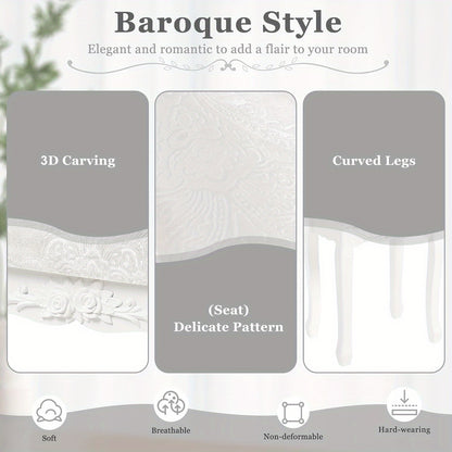 Sgabello da Toeletta, Sgabello da Trucco Imbottito Morbido 37X30X50Cm, Sedia da Trucco per Camera da Letto, Legno MDF, Stile Barocco, Bianco Crema