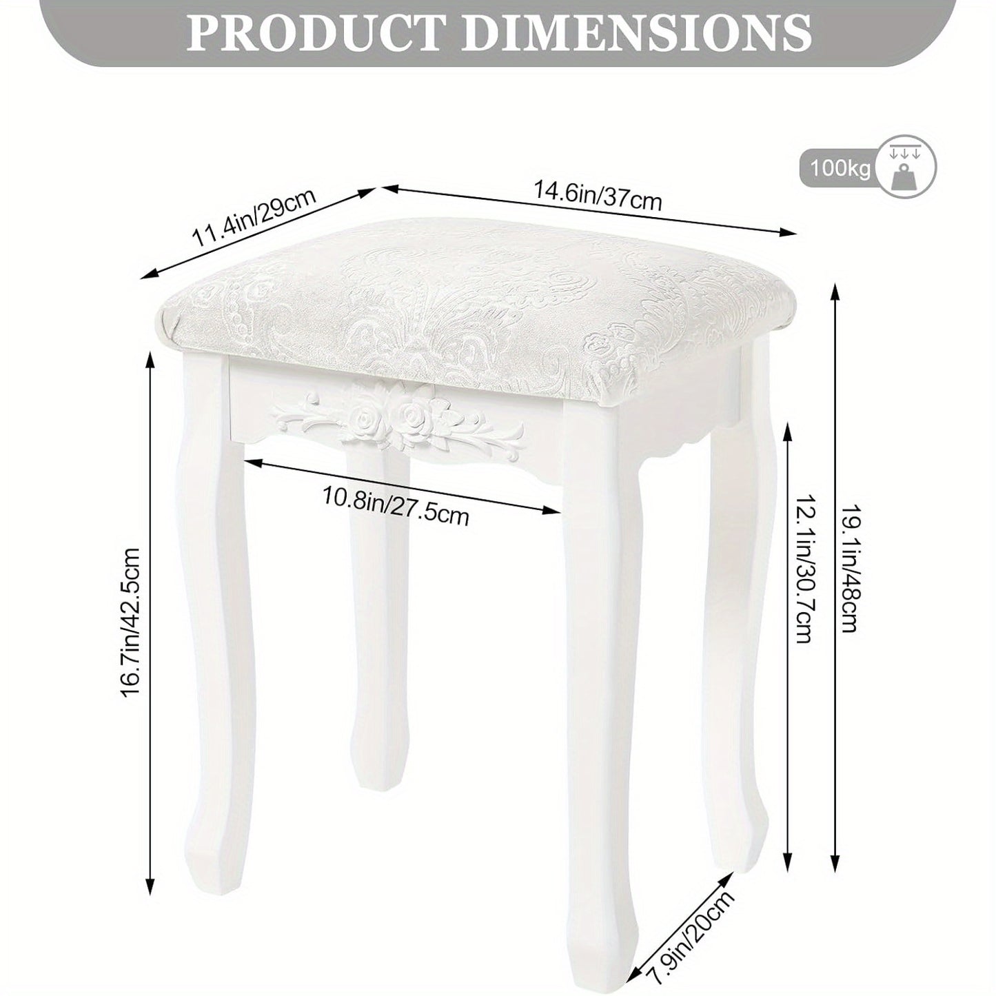 Sgabello da Toeletta, Sgabello da Trucco Imbottito Morbido 37X30X50Cm, Sedia da Trucco per Camera da Letto, Legno MDF, Stile Barocco, Bianco Crema