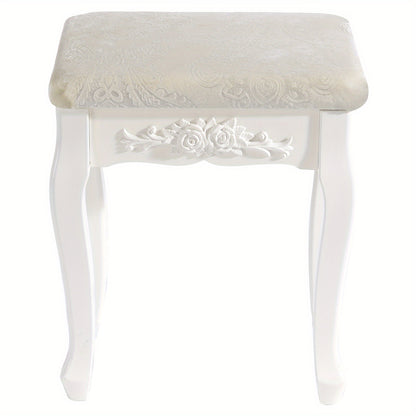 Sgabello da Toeletta, Sgabello da Trucco Imbottito Morbido 37X30X50Cm, Sedia da Trucco per Camera da Letto, Legno MDF, Stile Barocco, Bianco Crema