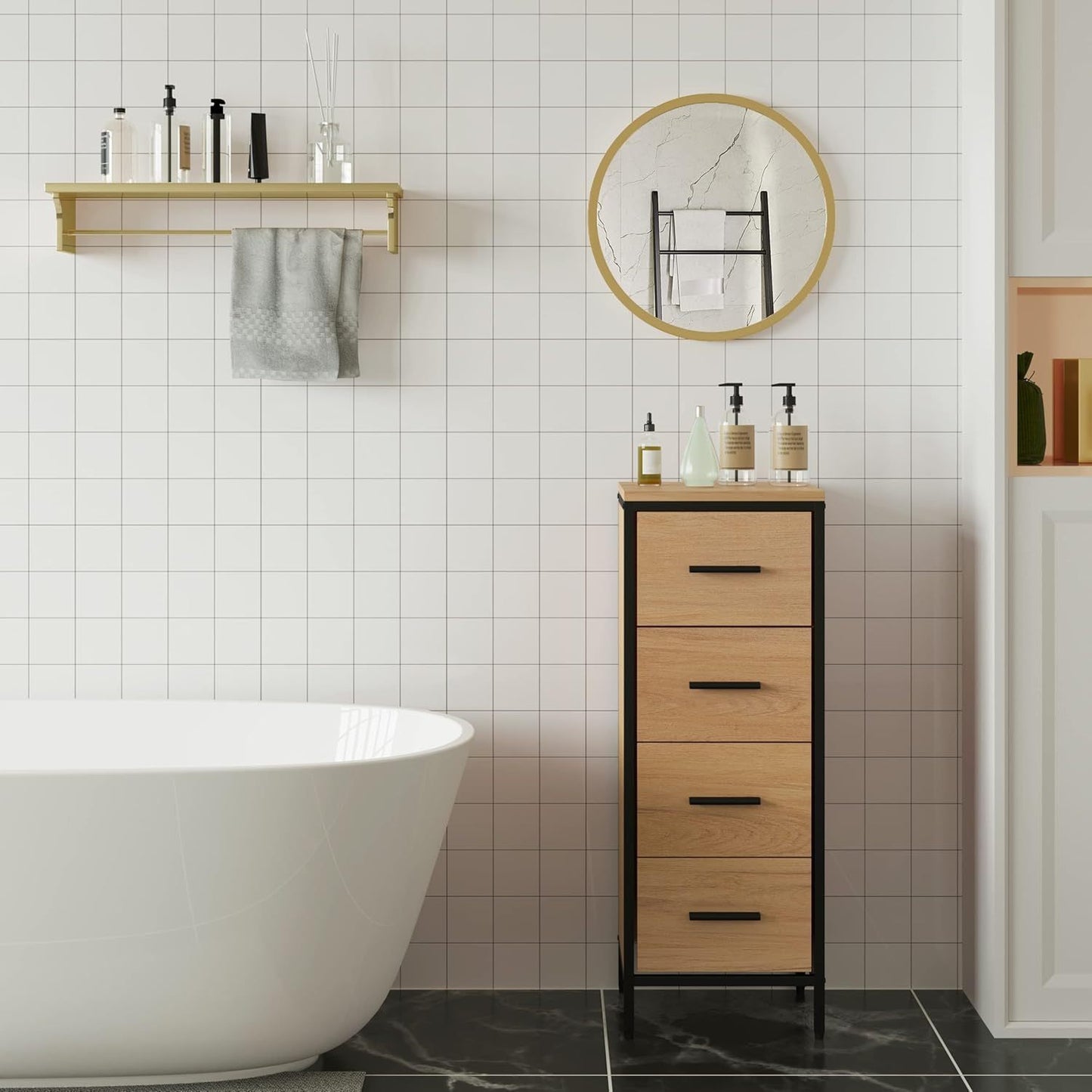 Specchio da parete rotondo, specchio rotondo, specchio moderno da appendere per bagno, camera da letto, soggiorno, corridoio, specchio decorativo da trucco in vetro, metallo, gancio in MDF