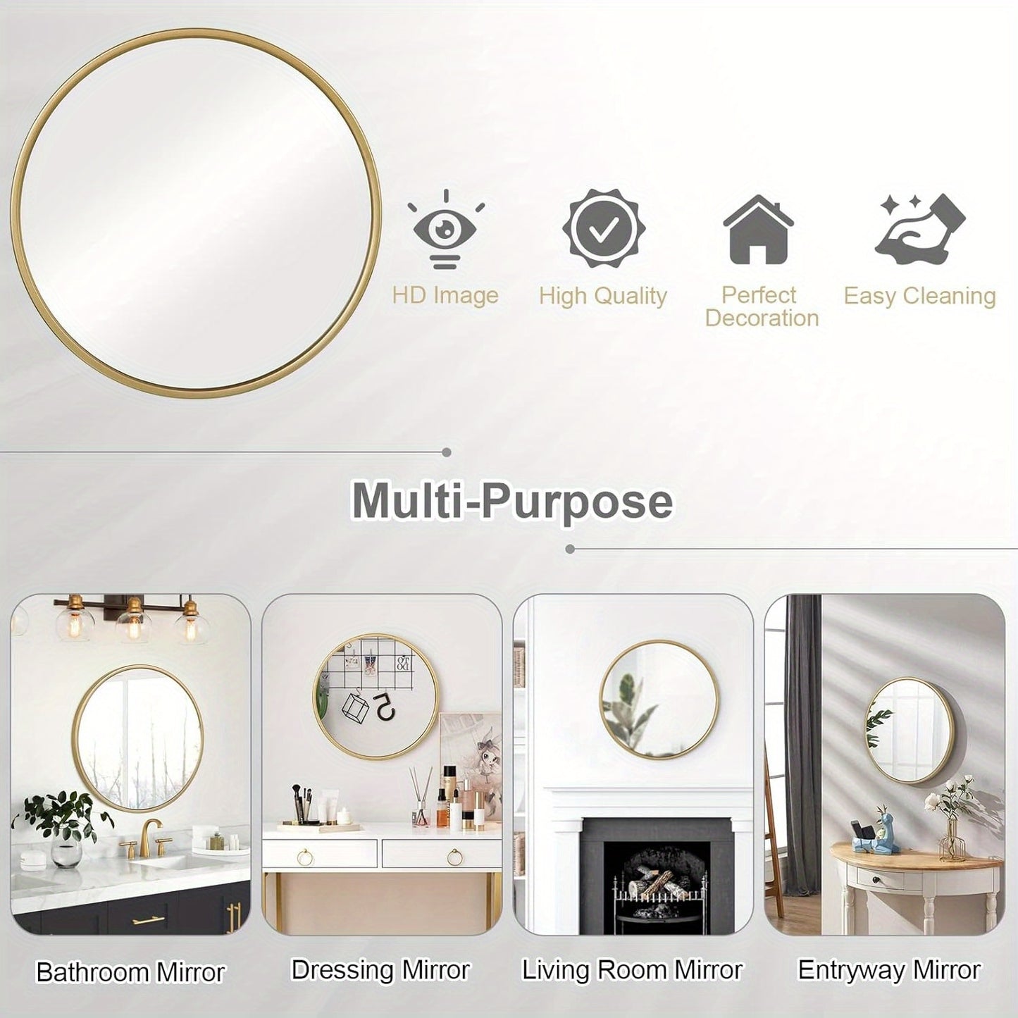 Specchio da parete rotondo, specchio rotondo, specchio moderno da appendere per bagno, camera da letto, soggiorno, corridoio, specchio decorativo da trucco in vetro, metallo, gancio in MDF