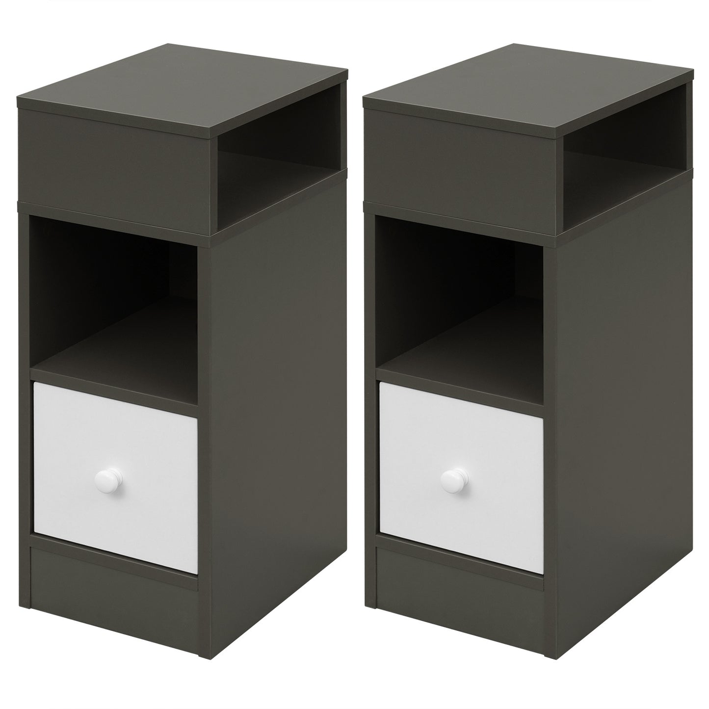 1pz./ 2pz. Comodino Stretto con 2 Scomparti e Cassetti, Comodino 25 x 30 x 66 cm, Salvaspazio per Camera da Letto, Mobiletto da Soggiorno, Pannello di Particelle, Grigio Scuro/ Aspetto Legno Chiaro/ Bianco/ Bianco+Aspetto Legno