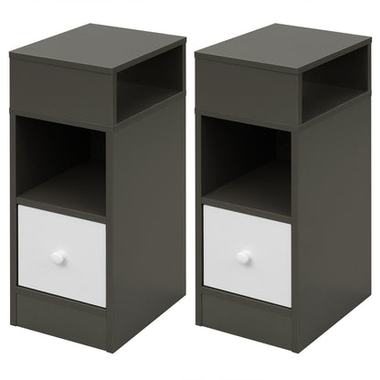 1pz./ 2pz. Comodino Stretto con 2 Scomparti e Cassetti, Comodino 25 x 30 x 66 cm, Salvaspazio per Camera da Letto, Mobiletto da Soggiorno, Pannello di Particelle, Grigio Scuro/ Aspetto Legno Chiaro/ Bianco/ Bianco+Aspetto Legno
