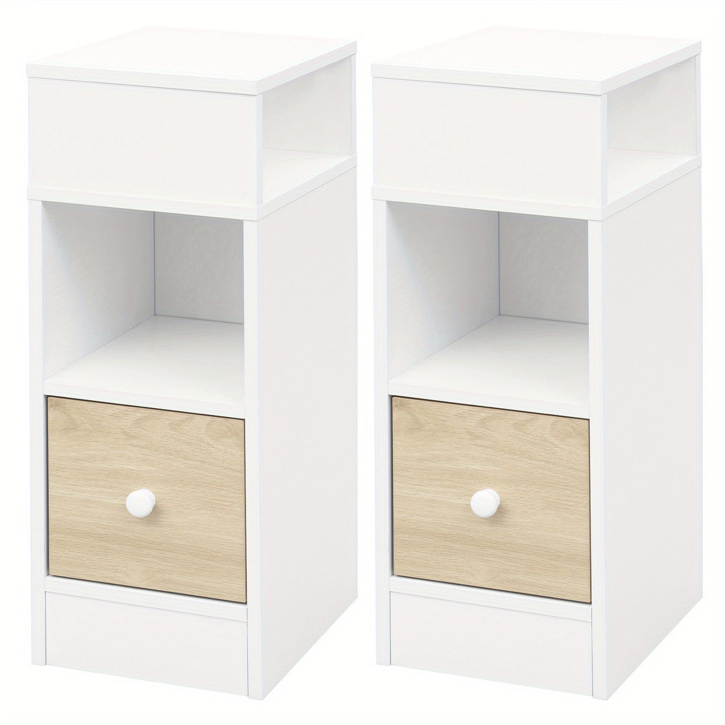 1pz./ 2pz. Comodino Stretto con 2 Scomparti e Cassetti, Comodino 25 x 30 x 66 cm, Salvaspazio per Camera da Letto, Mobiletto da Soggiorno, Pannello di Particelle, Grigio Scuro/ Aspetto Legno Chiaro/ Bianco/ Bianco+Aspetto Legno