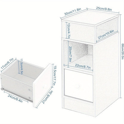 1pz./ 2pz. Comodino Stretto con 2 Scomparti e Cassetti, Comodino 25 x 30 x 66 cm, Salvaspazio per Camera da Letto, Mobiletto da Soggiorno, Pannello di Particelle, Grigio Scuro/ Aspetto Legno Chiaro/ Bianco/ Bianco+Aspetto Legno