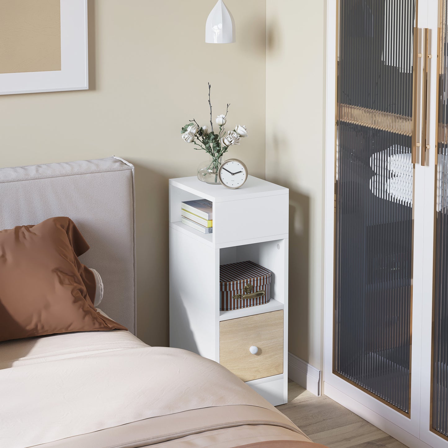 1pz./ 2pz. Comodino Stretto con 2 Scomparti e Cassetti, Comodino 25 x 30 x 66 cm, Salvaspazio per Camera da Letto, Mobiletto da Soggiorno, Pannello di Particelle, Grigio Scuro/ Aspetto Legno Chiaro/ Bianco/ Bianco+Aspetto Legno