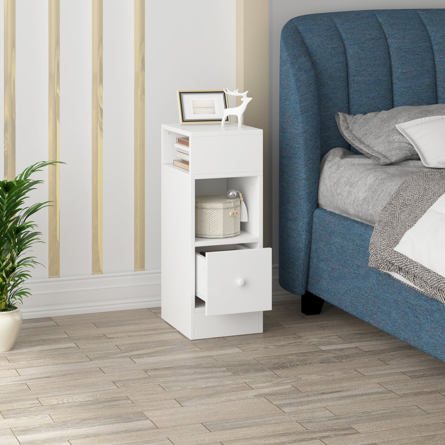 1pz./ 2pz. Comodino Stretto con 2 Scomparti e Cassetti, Comodino 25 x 30 x 66 cm, Salvaspazio per Camera da Letto, Mobiletto da Soggiorno, Pannello di Particelle, Grigio Scuro/ Aspetto Legno Chiaro/ Bianco/ Bianco+Aspetto Legno