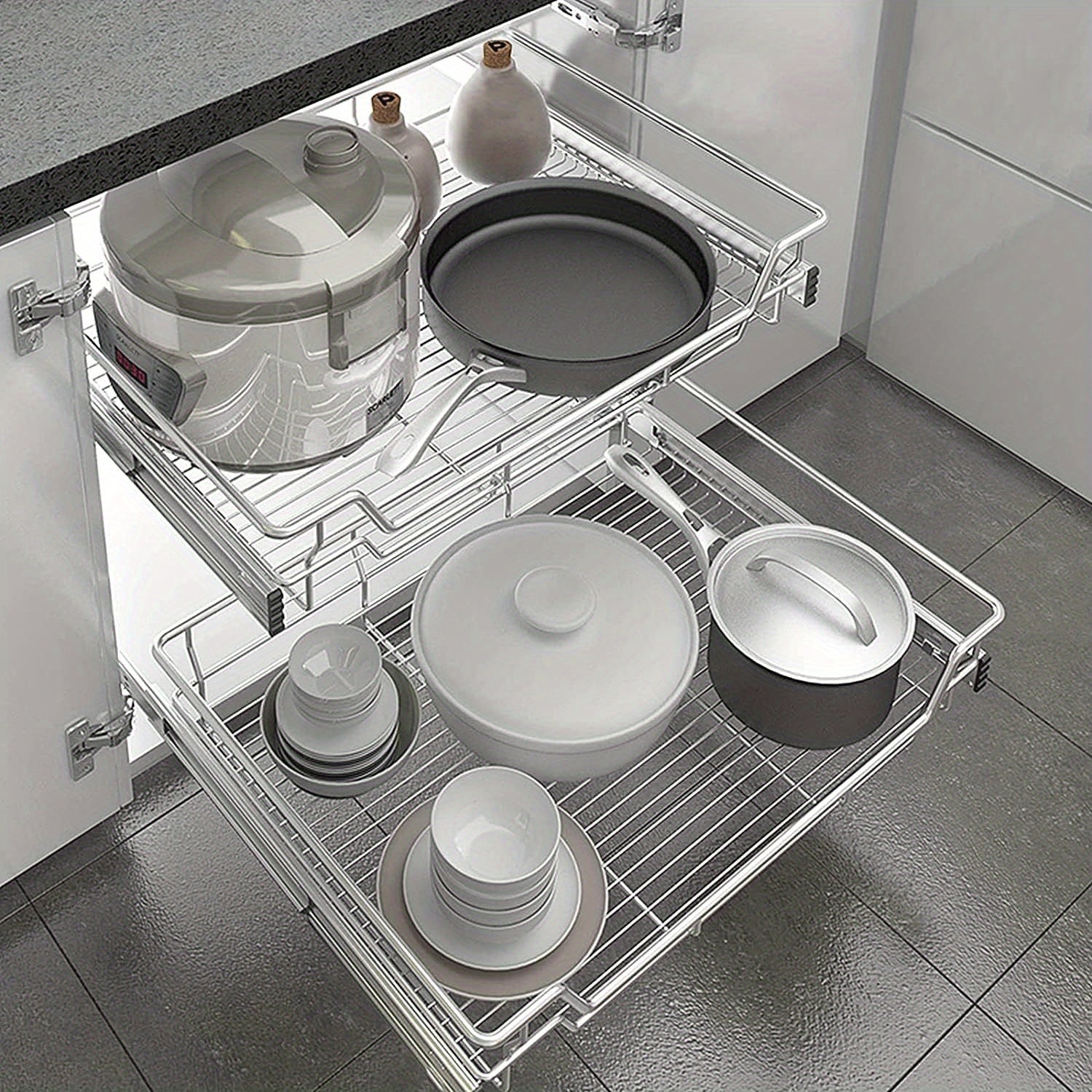 2x Cassetti Estraibili Telescopici per Cucina per Ripiani Cucina Argento Acciaio Inox Massiccio Estraibile per Mobile Cucina