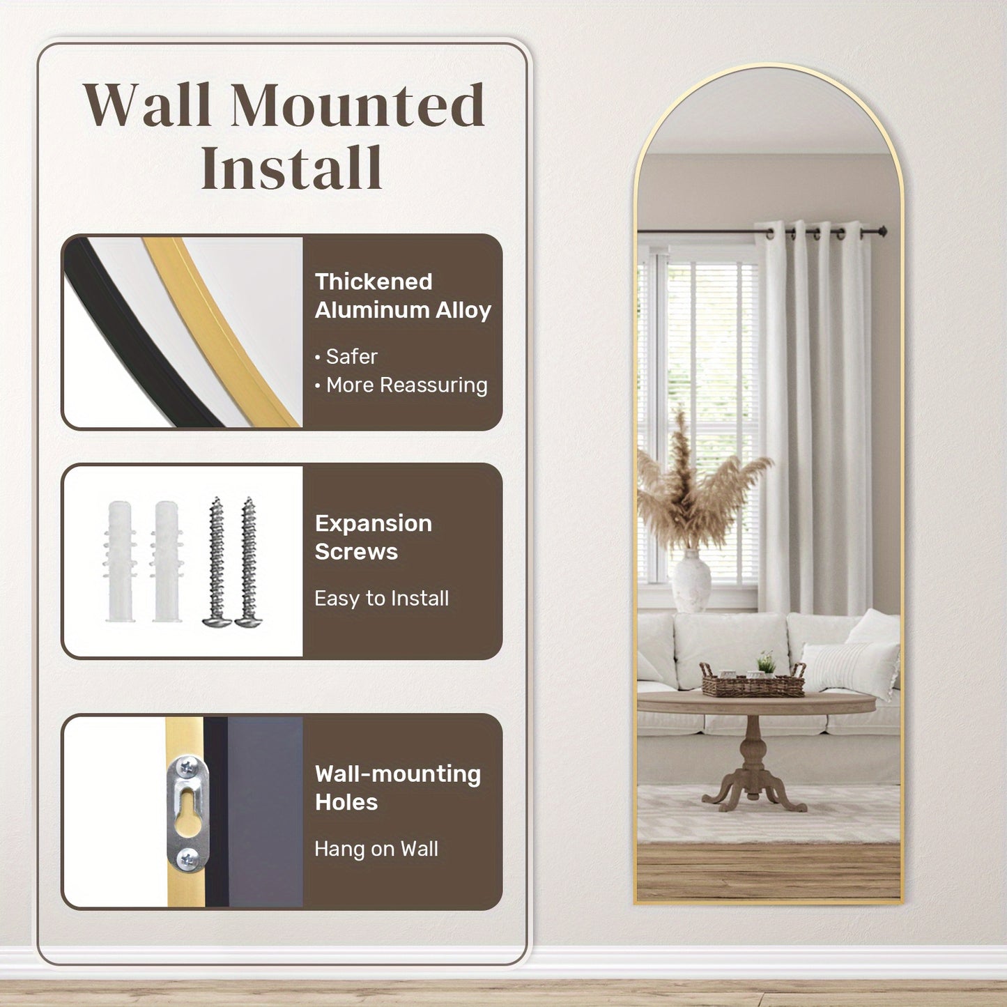 Specchio autoportante completo lunghezza facile da installare 53.34cm X 162.56cm con struttura in lega di alluminio nero dorato, specchio completo lunghezza con supporto, specchio da parete, specchio da appendere per decorare camera da letto, bagno, soggi
