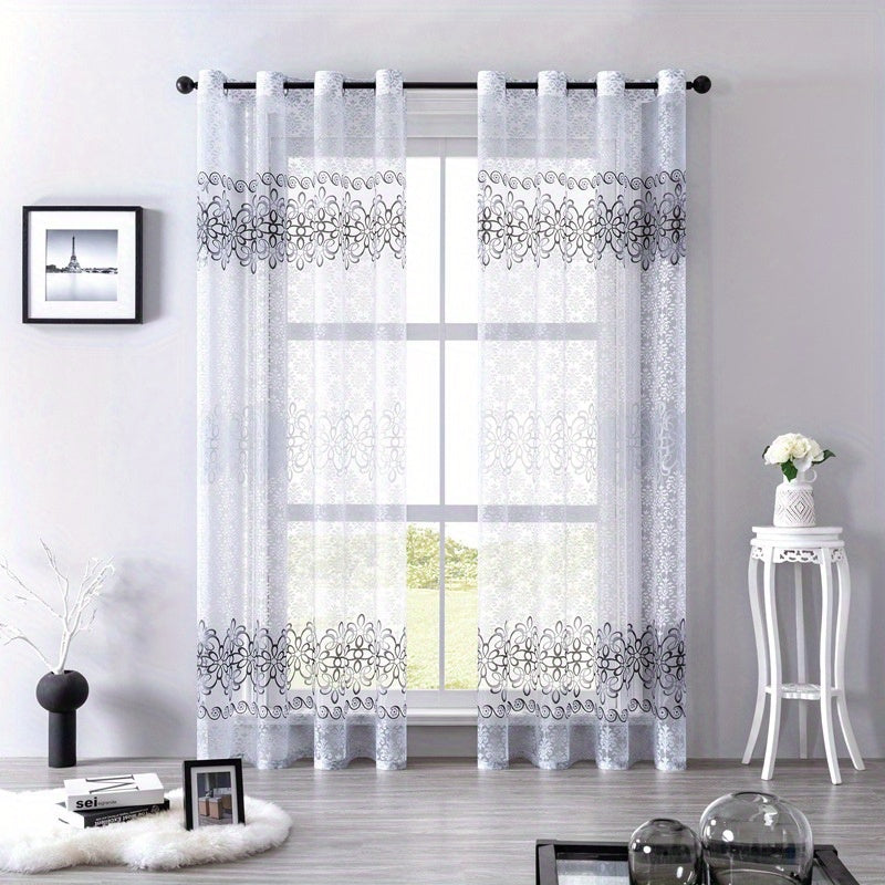 2pz Tende Eleganti Floreali Trasparenti con Occhielli - Poliestere Semi-Trasparente, Lavabili in Lavatrice per Soggiorno, Camera da Letto, Decorazione Ufficio