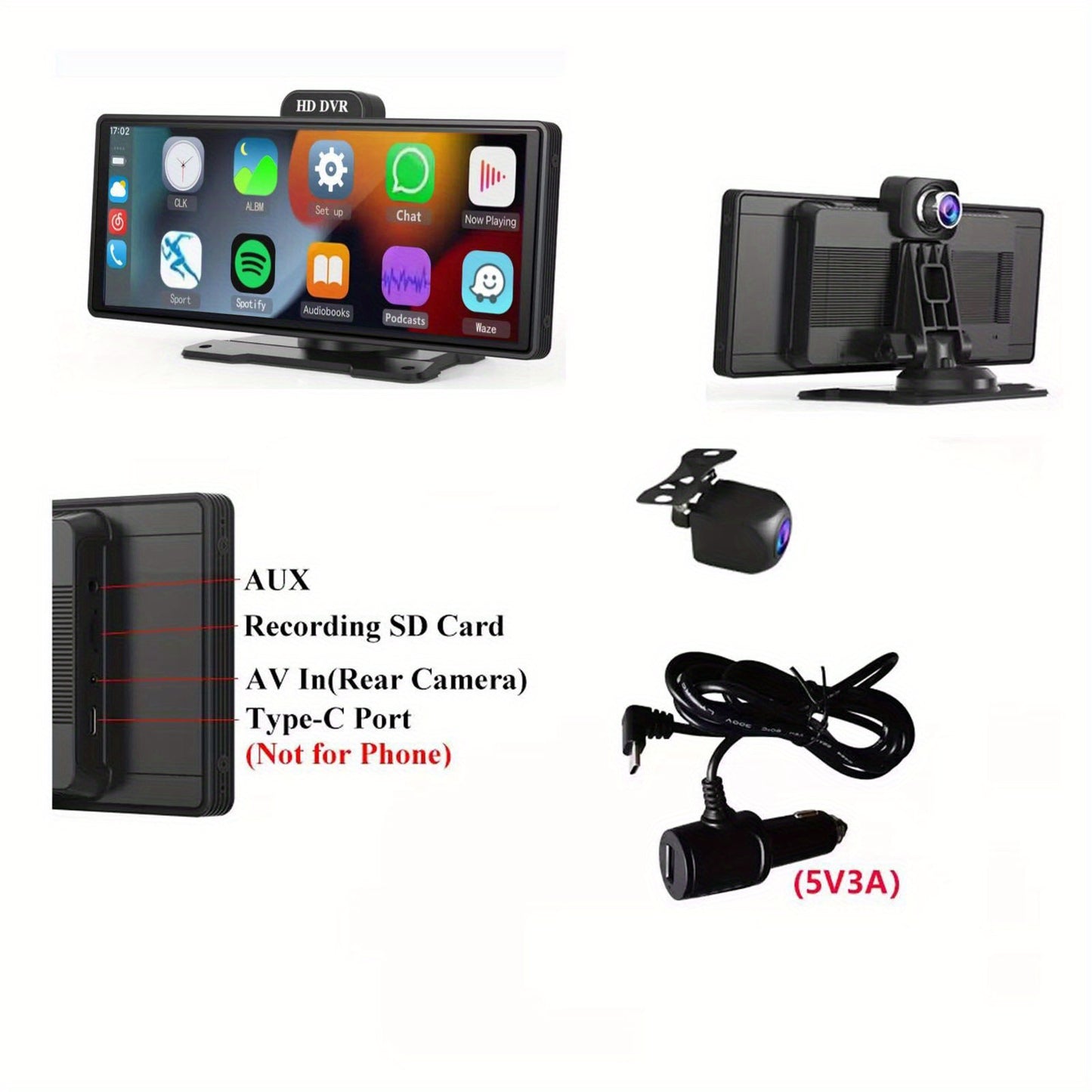 DVR universale per auto 26.06cm Carplay wireless Android Auto telecamera anteriore 2K+1080P telecamera posteriore controllo vocale GPS Dashcam DVR