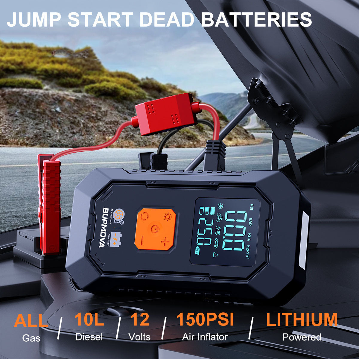 Avviatore di emergenza per auto 8500A con compressore d'aria, pompa di gonfiaggio per pneumatici senza fili, booster per batteria con power bank e torce LED, doppio display della pressione dell'aria