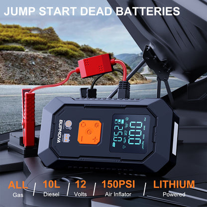 Avviatore di emergenza per auto 8500A con compressore d'aria, pompa di gonfiaggio per pneumatici senza fili, booster per batteria con power bank e torce LED, doppio display della pressione dell'aria
