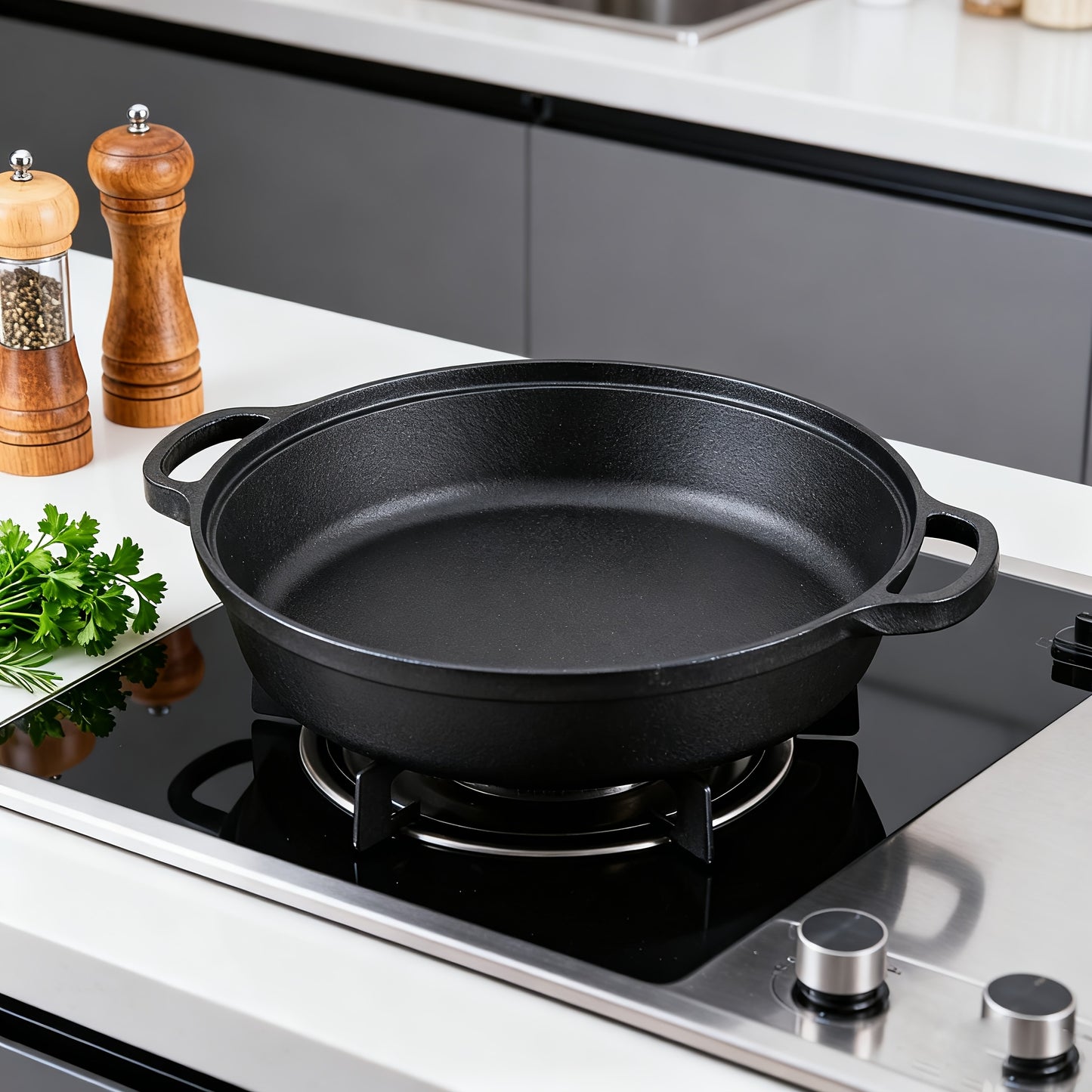 Pentola in ghisa a doppia bocca da 25CM con coperchio in legno, materiale in ghisa di alta qualità, conduzione uniforme del calore, supporta cottura a vapore, friggere, stufare e bollire, adatta per piani cottura a induzione, fornelli in ceramica e fiamme