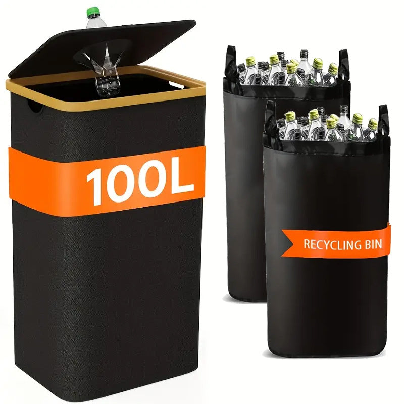 1 pz Secchio di raccolta domestico da 100 litri/26 galloni con sacchetti interni riutilizzabili staccabili, tessuto Oxford 600D per la riciclaggio di bottiglie, cartoni e vetro, contenitori di riciclaggio domestici, raccoglitore di bottiglie, cesto pieghe