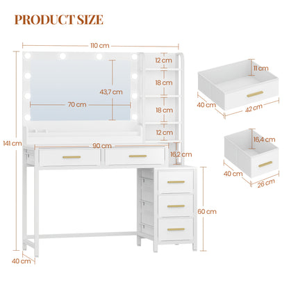 Toilette con grande specchio, con 5 cassetti, 5 scomparti aperti, spazio di archiviazione davanti allo specchio, moderna, bianca, 40 × 110 × 141 cm