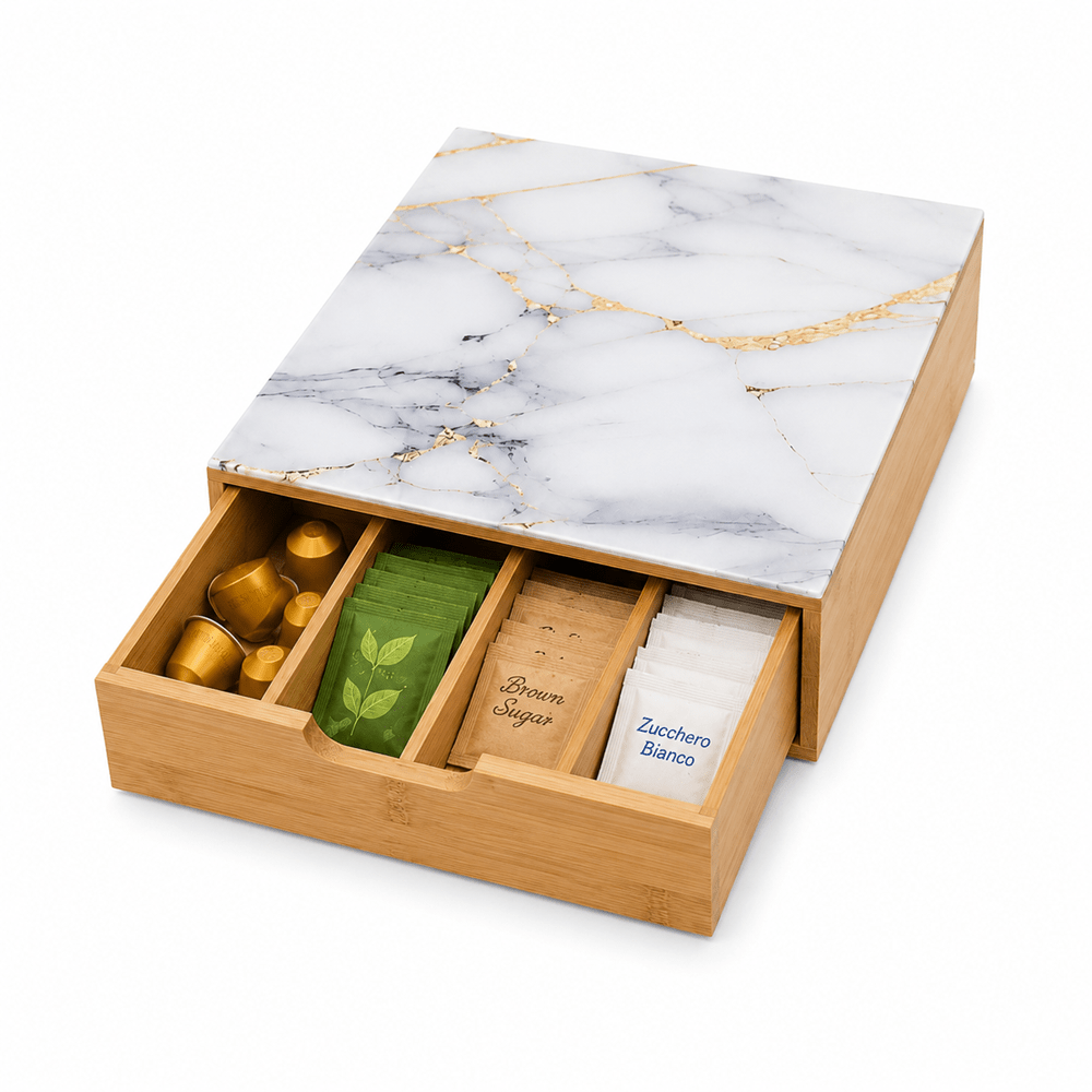 Porta cialde Organizer Bambù per Cialde con Vetro Temperato Organizer Capsule Caffè Cassetto Porta Oggetti Cassetto Minuteria Mobiletto Porta Tè Cassetto Cucito 4 Scomparti Separati