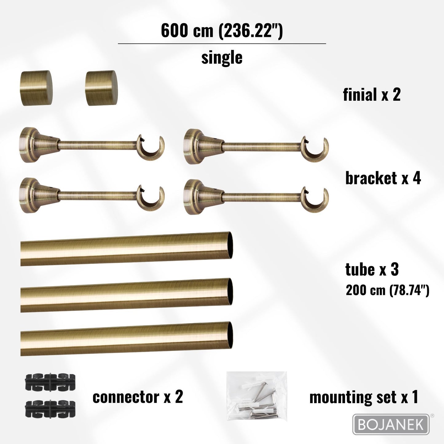 Asta per Tende a Parete in Metallo – BOJANEK – 4 Colori, 8 Lunghezze (120 - 600 cm) – Asta per Tende Resistente, Regolabile, Durevole per Soggiorno, Camera da Letto, Cucina, Bagno, Ufficio; Perfetta per Interni Moderni, Classici, Scandinavi, Loft, Industr