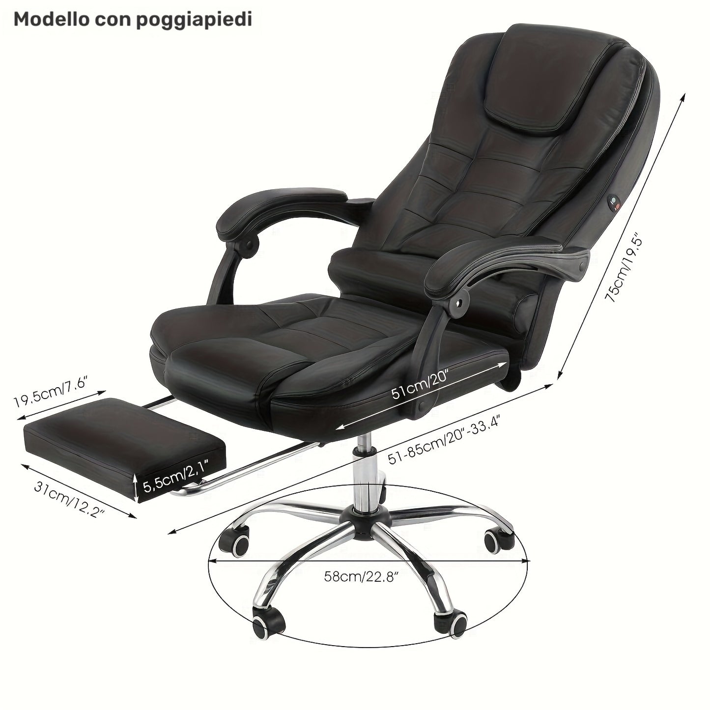 Sedia da ufficio executive con poggiapiedi e supporto lombare, sedia reclinabile ergonomica per computer, schienale regolabile, resistente, girevole a 360° per ufficio domestico (Nero)