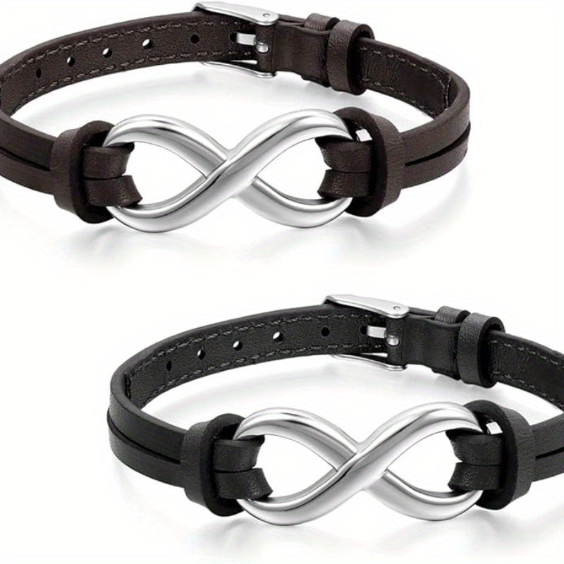 Bracciale JewelryWe in pelle sintetica con ciondolo infinito 'amore in acciaio inossidabile per uomo e donna, vestibilità regolabile 17.78-21.08 cm