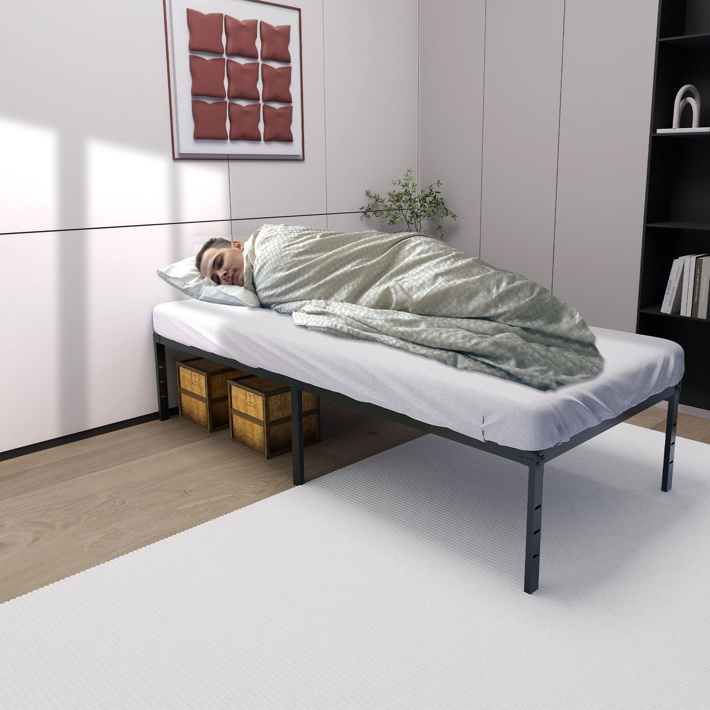 Struttura letto a piattaforma moderna in metallo con doghe robuste in acciaio e spazio di stoccaggio sotto il letto per camera da letto e camera degli ospiti, nero