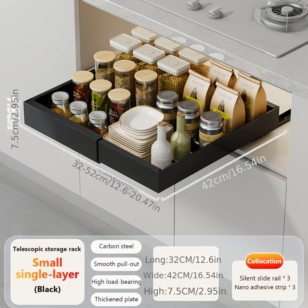1 Confezione di organizer per mobili a scorrimento Heavy Duty - Larghezza espandibile da 32.0cm a 52.32cm, profondità 43,18cm, doppia montatura adesiva/trapano, contenitore multiuso per cucina, bagno, cassetti da garage, mobili da cucina