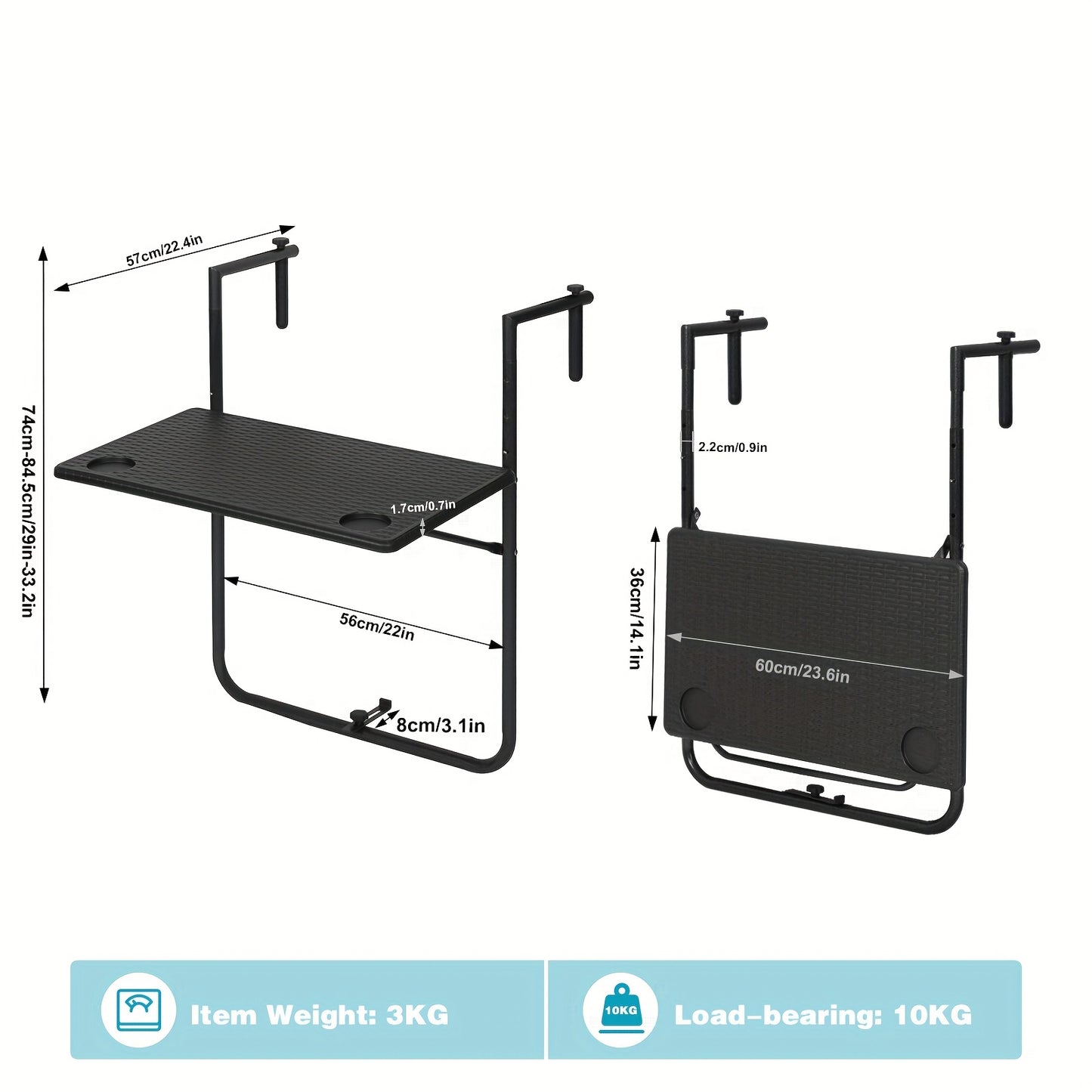 1 pz Tavolo da patio per mobili da esterno, tavolo pieghevole, tavolo da campeggio, tavolo sospeso per balcone con scanalature per posizionare bicchieri d'acqua, tavolo sospeso stabile per ringhiera del balcone, tavolo pieghevole, 3 livelli di altezza, pi