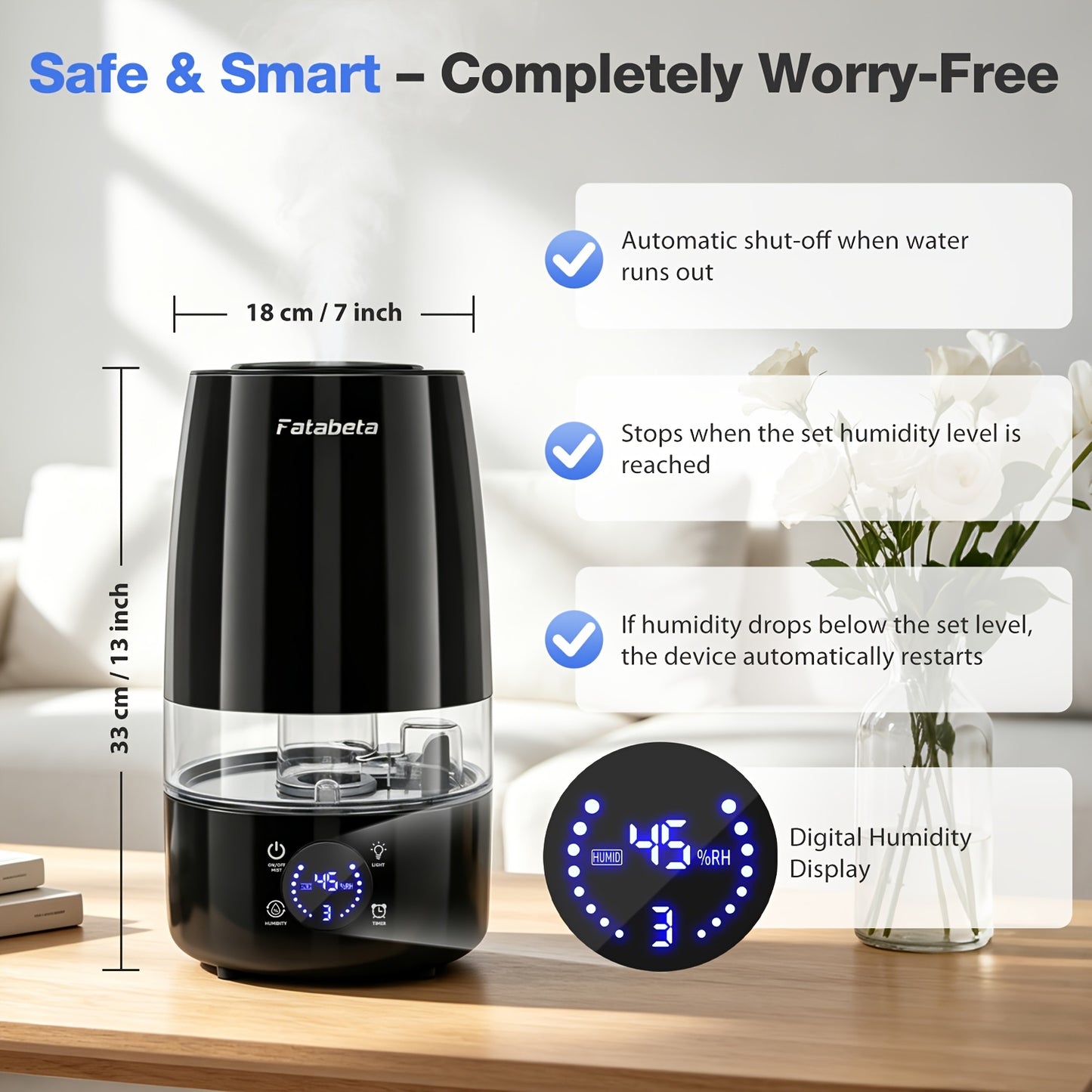 Display per umidificatore e diffusore di aromi super grande da 4,5L, funzionamento silenzioso, spegnimento automatico e timer, adatto per camera da letto, soggiorno, ufficio, serbatoio rimovibile, filtro in ceramica, custodia in ABS, per umidificatori int