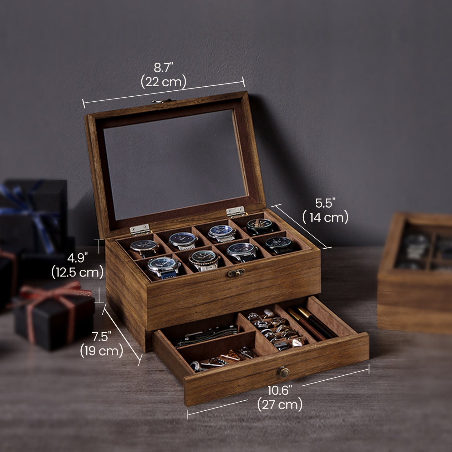 Scatola Porta Orologi in Legno, Custodia per Orologi Meccanici e Gioielli a 8 Scomparti con Coperchio in Vetro, Fodera in Velluto, Inserti Imbottiti, Organizzatore per la Casa, Scelta Regalo Ideale, Scatola Regalo di Natale
