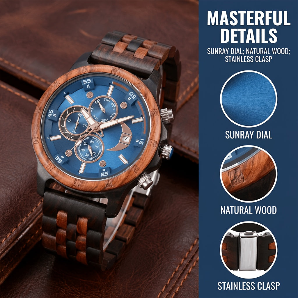 Orologi da Polso in Legno per Uomo, Orologi al Quarzo alla Moda con Data, Settimana e Ora, Scatola in Legno per Lui