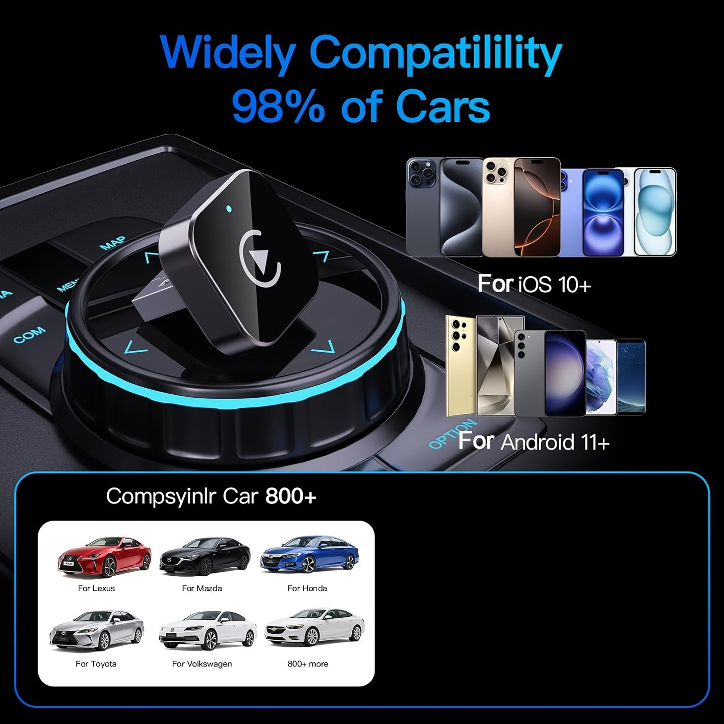 Adattatore Wireless CarPlay per iPhone, Adattatore CarPlay Wireless, Plug & Play, Connessione Stabile Senza Ritardi, Connessione Rapida Automatica, Design Mini per Auto con Car Play Cablato, Senza Batteria