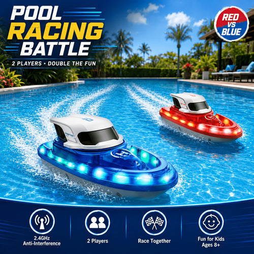Confezione da 2 barche RC per bambini 8-12 anni, barche da corsa per piscina con 2 telecomandi, spruzzo d'acqua e 7 modalità di illuminazione a LED, giocattolo estivo da esterno a 2.4Ghz, idea regalo