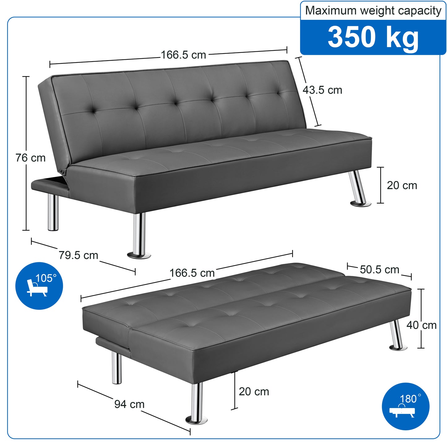 Costoffs Divano Letto a 3 Posti Divano Letto in Tessuto Imbottito con Gambe in Metallo Cromato 105° - 180° per Soggiorno Studio Ufficio Camera degli Ospiti Carico Massimo 350 kg