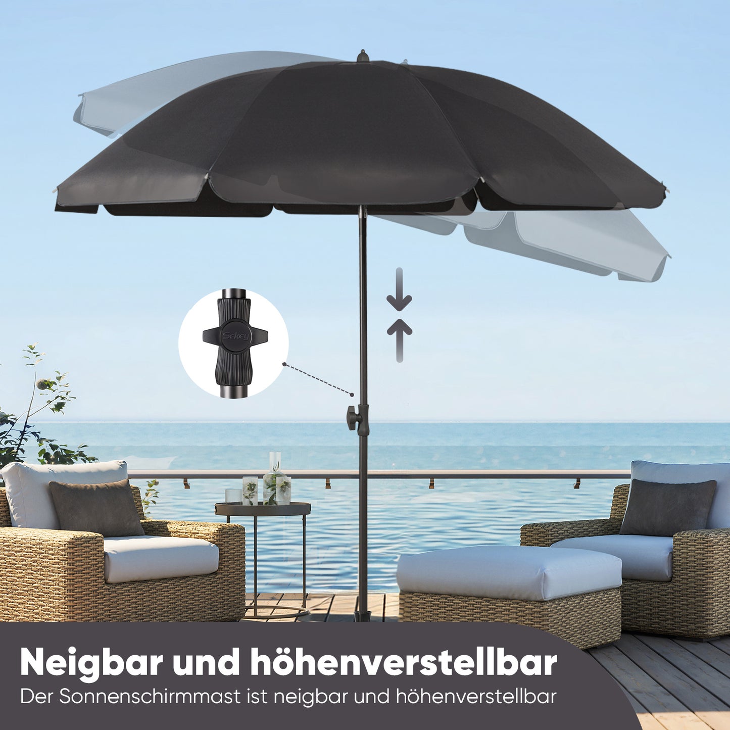Ombrellone da balcone Sunula 180 cm con attacco a e fodera protettiva, regolazione 'inclinazione e 'altezza, ombrellone da spiaggia per balcone, giardino e terrazza