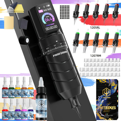POSEIDON Kit Completo per Tatuaggi Wireless con 10 Aghi e Alimentatore - Pistola Rotary Professionale per Principianti, Penna con Display LCD, Compatibile con Aghi a Cartuccia (Adattatore Non Incluso) - Attrezzatura per Tatuaggi per Aspiranti