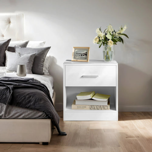 1pz Comodino con 1 cassetto per camera da letto, soggiorno, Tavolino, Comodino con Cassetto, Maniglia, Scomparto Aperto, Design Compatto Moderno per Camera da Letto, per Camera da Letto, Soggiorno, Contenitore Laterale del Letto, Costruzione in Legno MDF,