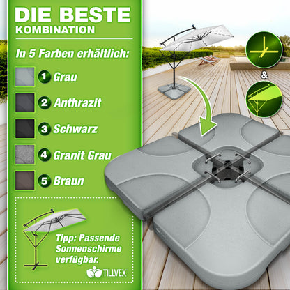 Tillvex® Supporti per Ombrelloni da Sole 60 Litri / 80 Kg - 4 Parti per Ombrellone con Semaforo Incluse Connettori in Metallo | Peso Ombrellone Riempibile con Acqua o Sabbia | Supporto per Ombrellone Resistente alle Intemperie per Balcone Esterno, Terrazz