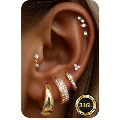 2D Flat - 7 Paia di Orecchini a Cerchio per Donna Ipoallergenici Acciaio Chirurgico 316L Orecchini a Cerchio con Retro Piatto Piccoli Orecchini a Cerchio Set di Orecchini a Tappo per Piercings Multipli