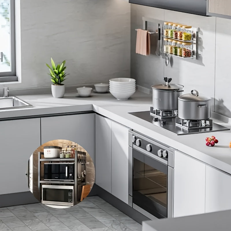 Supporto per microonde a 2 livelli regolabile - Organizer salvaspazio resistente per cucina/bagno, scaffale multiuso espandibile con design a doppio strato aperto, scaffale verticale, scaffale verticale