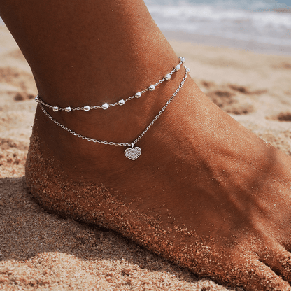 Catena alla caviglia da donna placcata in argento 925, a 2 strati con ciondolo a cuore Strass, elegante gioiello estivo da spiaggia, catena alla caviglia regolabile in stile boho, 20+7 cm, regalo per donne