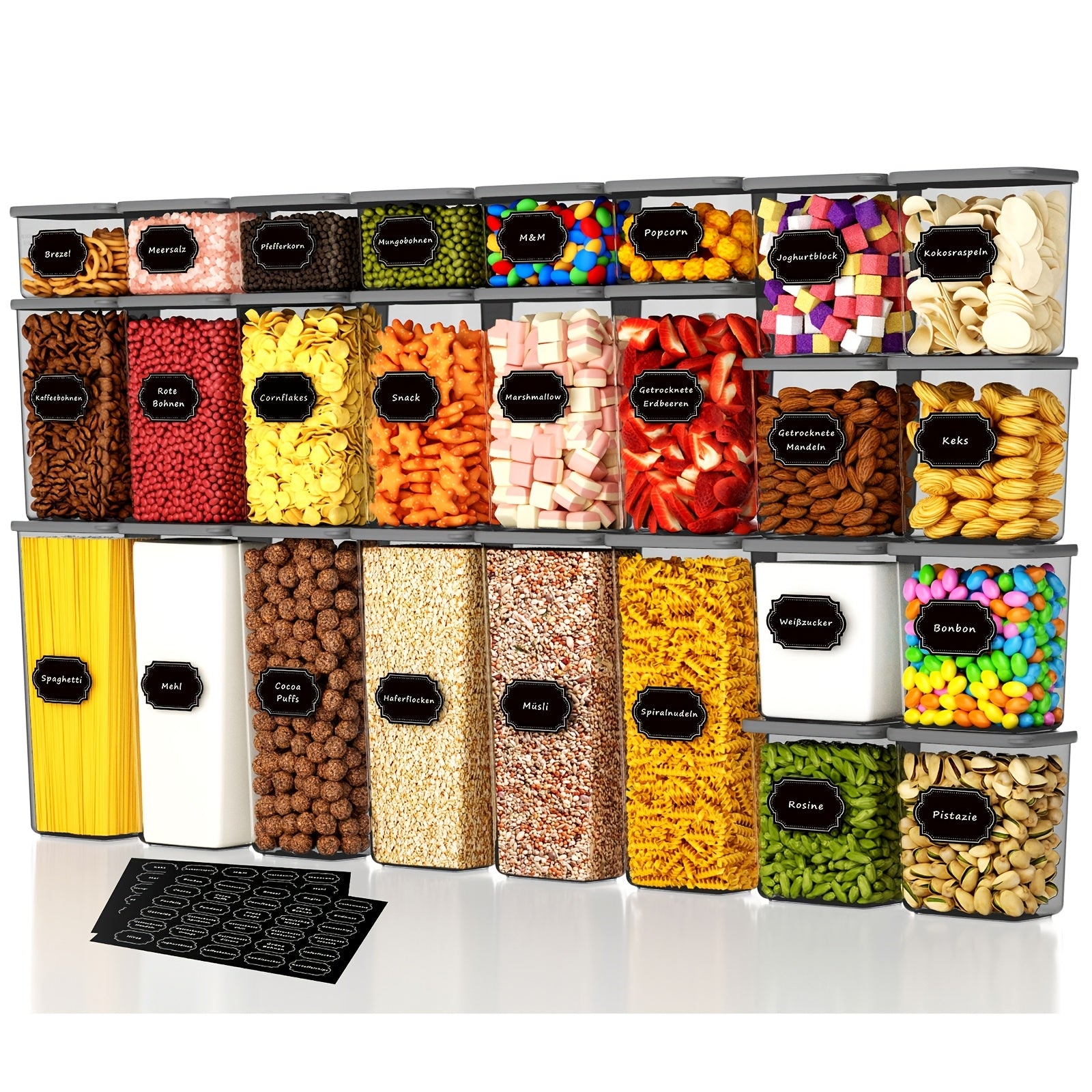 Kit di 52 contenitori per alimenti in plastica sigillati - 26 contenitori + 26 coperchi | Speciali per cereali/farina/semi di caffè/flakes di mais - Articolo da cucina con coperchi