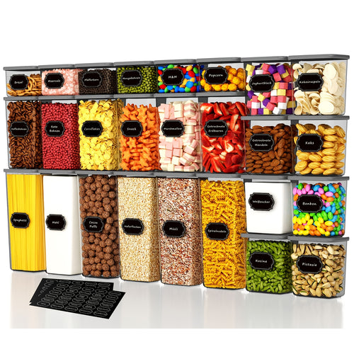 Kit di 52 contenitori per alimenti in plastica sigillati - 26 contenitori + 26 coperchi | Speciali per cereali/farina/semi di caffè/flakes di mais - Articolo da cucina con coperchi