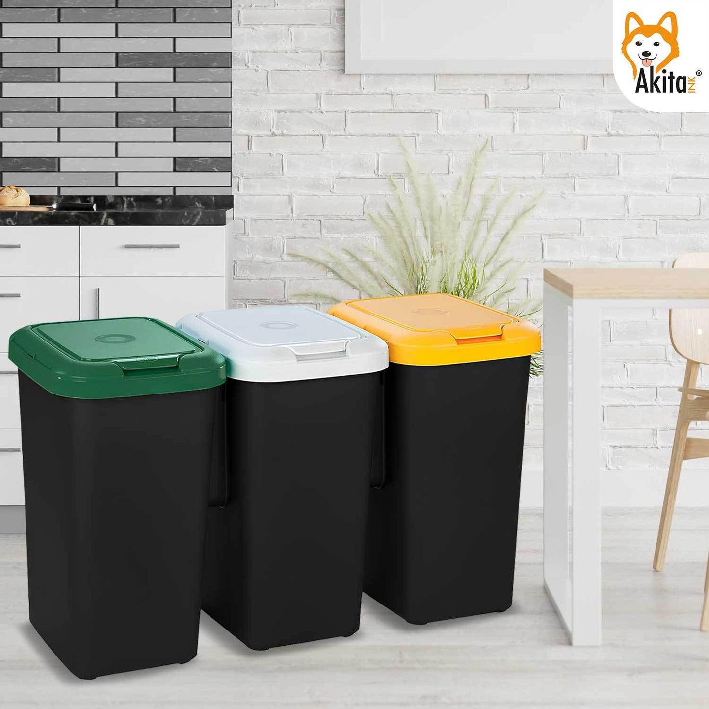 Pattumiera Differenziata AKITAINK AKIROCK 75L – 3 Scomparti da 25L con Coperchi Colorati e Blocca-Sacchetto, Cestino Raccolta Differenziata per Casa, Ufficio e Spazi Esterni