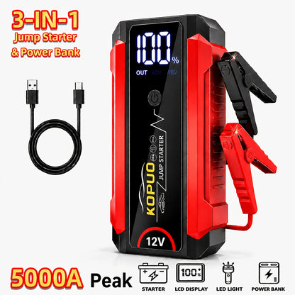 KOPUO 5000A Avviatore di Emergenza per Auto 12V, Avvia Batterie Scariche in Secondi, Booster di Batteria di Emergenza, Fino a 7.5L di Benzina & 5.5L di Diesel, Avviatore di Batteria Portatile per Auto, SUV, Furgoni, Camion & Moto, Display LCD, Torcia LED