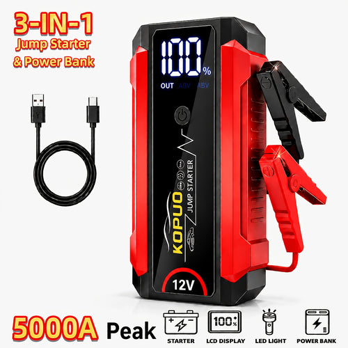 KOPUO 5000A Avviatore di Emergenza per Auto 12V, Avvia Batterie Scariche in Secondi, Booster di Batteria di Emergenza, Fino a 7.5L di Benzina & 5.5L di Diesel, Avviatore di Batteria Portatile per Auto, SUV, Furgoni, Camion & Moto, Display LCD, Torcia LED