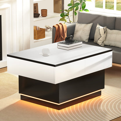 Tavolino da caffè bianco, Tavolino da salotto, Tavolino con 2 ripiani portaoggetti, 80x58x40 cm, Piano estendibile con striscia luminosa RGB, Mobile moderno per soggiorno, Sala riunioni