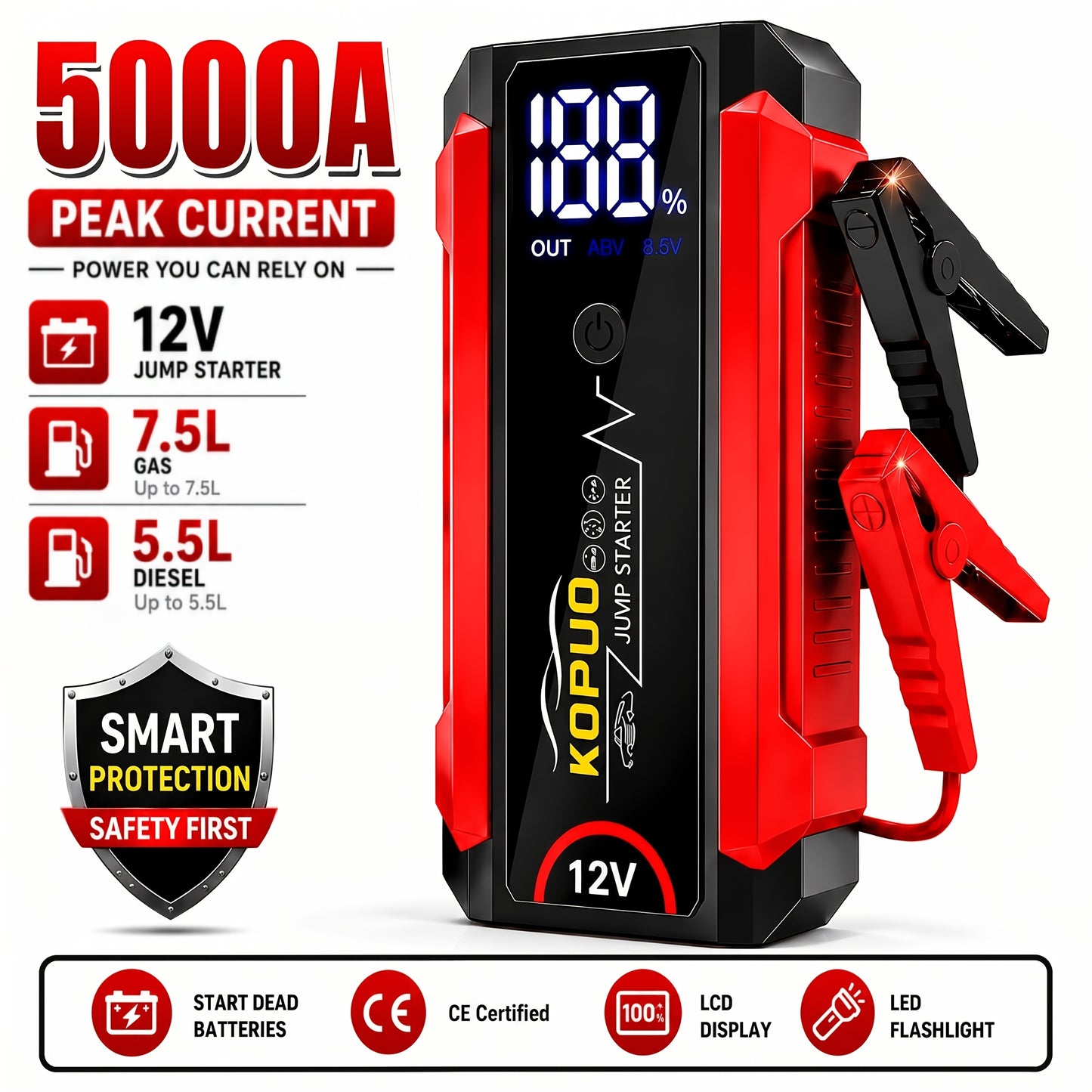 KOPUO 5000A Avviatore di Emergenza per Auto 12V, Avvia Batterie Scariche in Secondi, Booster di Batteria di Emergenza, Fino a 7.5L di Benzina & 5.5L di Diesel, Avviatore di Batteria Portatile per Auto, SUV, Furgoni, Camion & Moto, Display LCD, Torcia LED