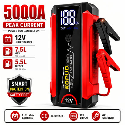 KOPUO 5000A Avviatore di Emergenza per Auto 12V, Avvia Batterie Scariche in Secondi, Booster di Batteria di Emergenza, Fino a 7.5L di Benzina & 5.5L di Diesel, Avviatore di Batteria Portatile per Auto, SUV, Furgoni, Camion & Moto, Display LCD, Torcia LED